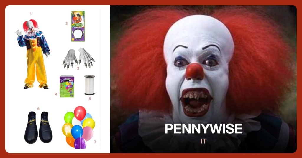 Pennywise Costume, White Makeup, Pennywise Gloves and Disposable Helium Tank beside Pennywise