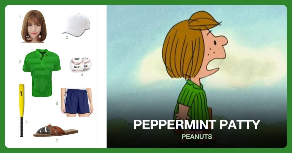 Brown Bob Wig, White Ball Cap, Green Striped Polo and Safety Baseballs beside Peppermint Patty