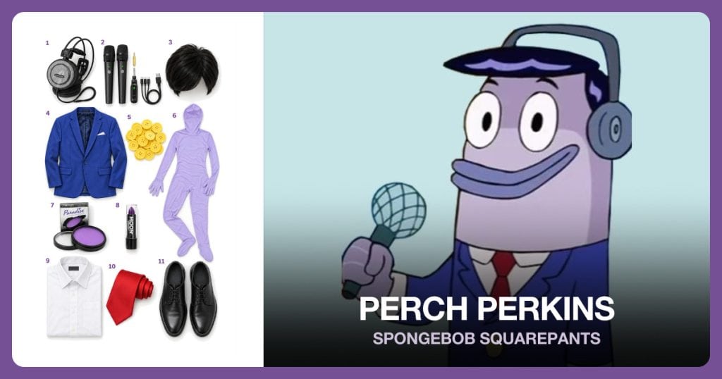 Open-Air Headphones, Black Handheld Microphone, Short Black Wig and Royal Blue Blazer beside Perch Perkins