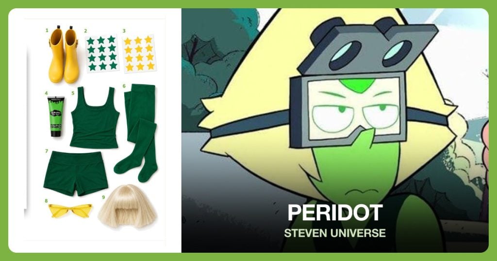 Yellow Rain Boots, Green Star Stickers, Yellow Star Stickers and Light Green Face Paint beside Peridot