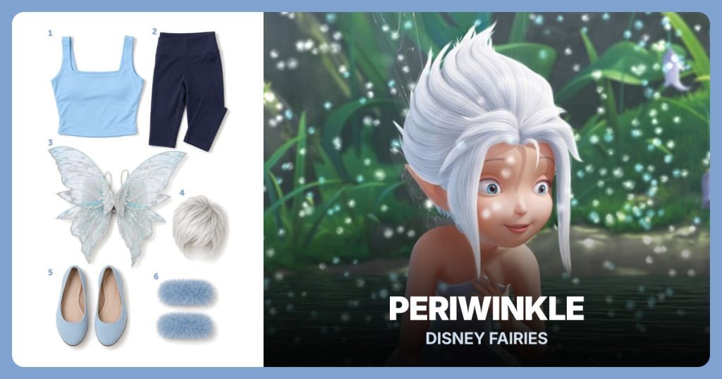 Light Blue Square-Neck Crop Top, Navy Blue Capri Leggings, Silver Blue Fairy Wings and Short White Pixie Wig beside Periwinkle