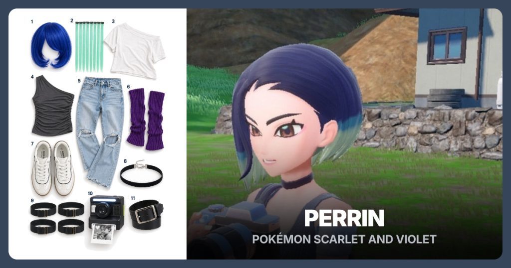 Navy Bob Wig, Mint Hair Extensions, White Off-Shoulder Tee and Charcoal One-Shoulder Top beside Perrin