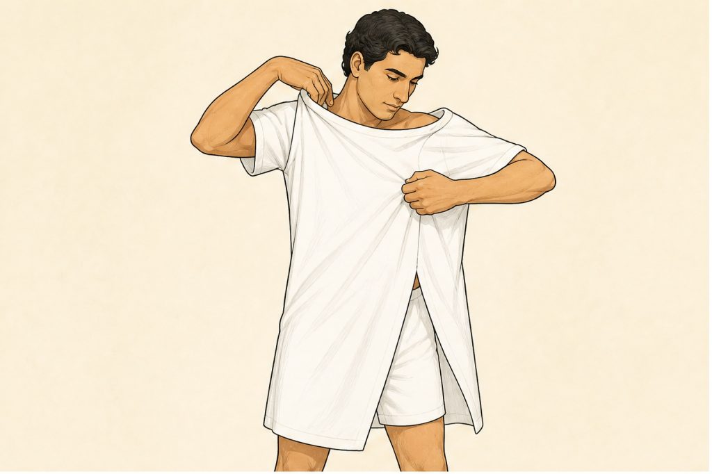 Put on white tunic over shorts