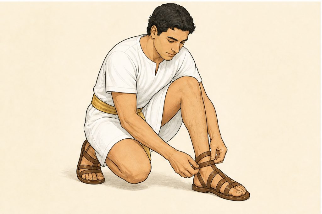 Put on brown sandals