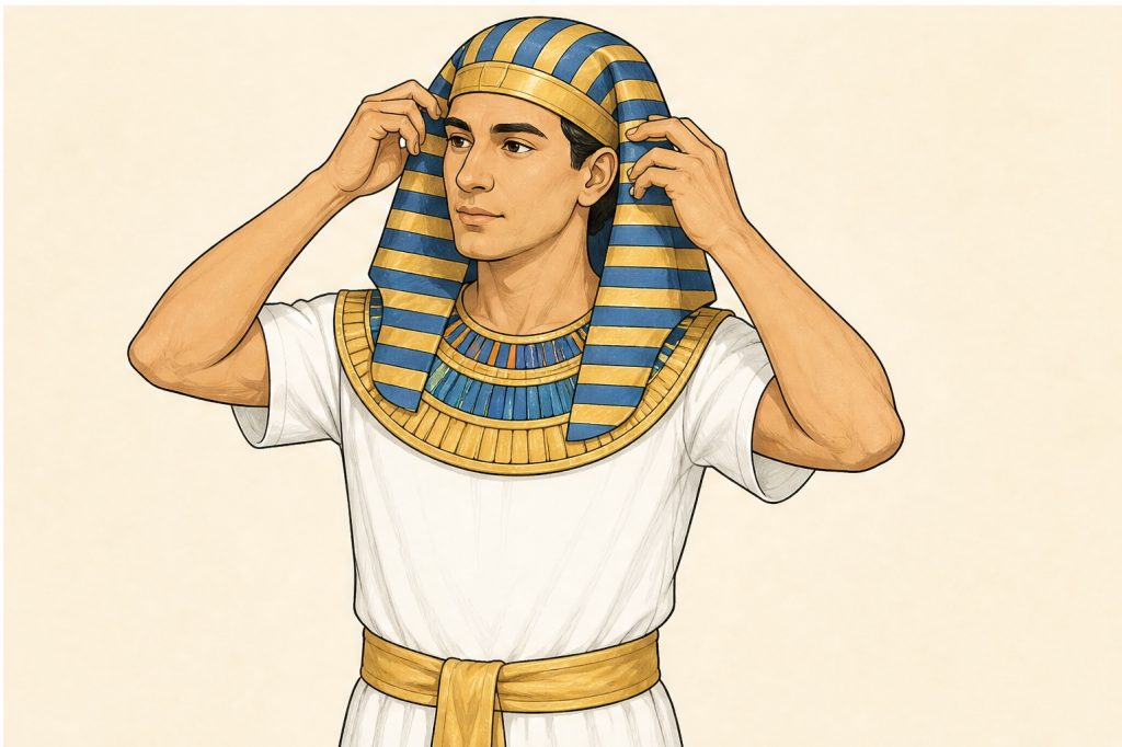 Place broad collar and striped headcloth