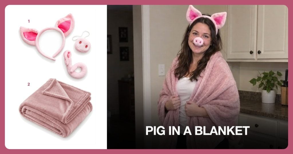 Pig Ears, Snout and Tail Costume Accessories and Fleece Throw Blanket beside Pig in a Blanket