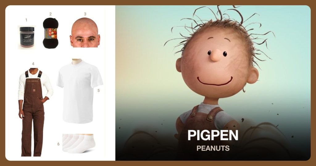 Dirt Makeup, Black Yarn, Bald Cap and Brown Bib Overalls beside Pigpen