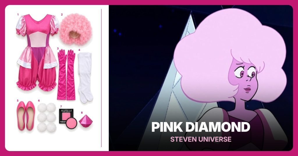 Pink Diamond Jumpsuit, Pastel Pink Curly Wig, Fuchsia Satin Opera Gloves and White Opaque Tights beside Pink Diamond