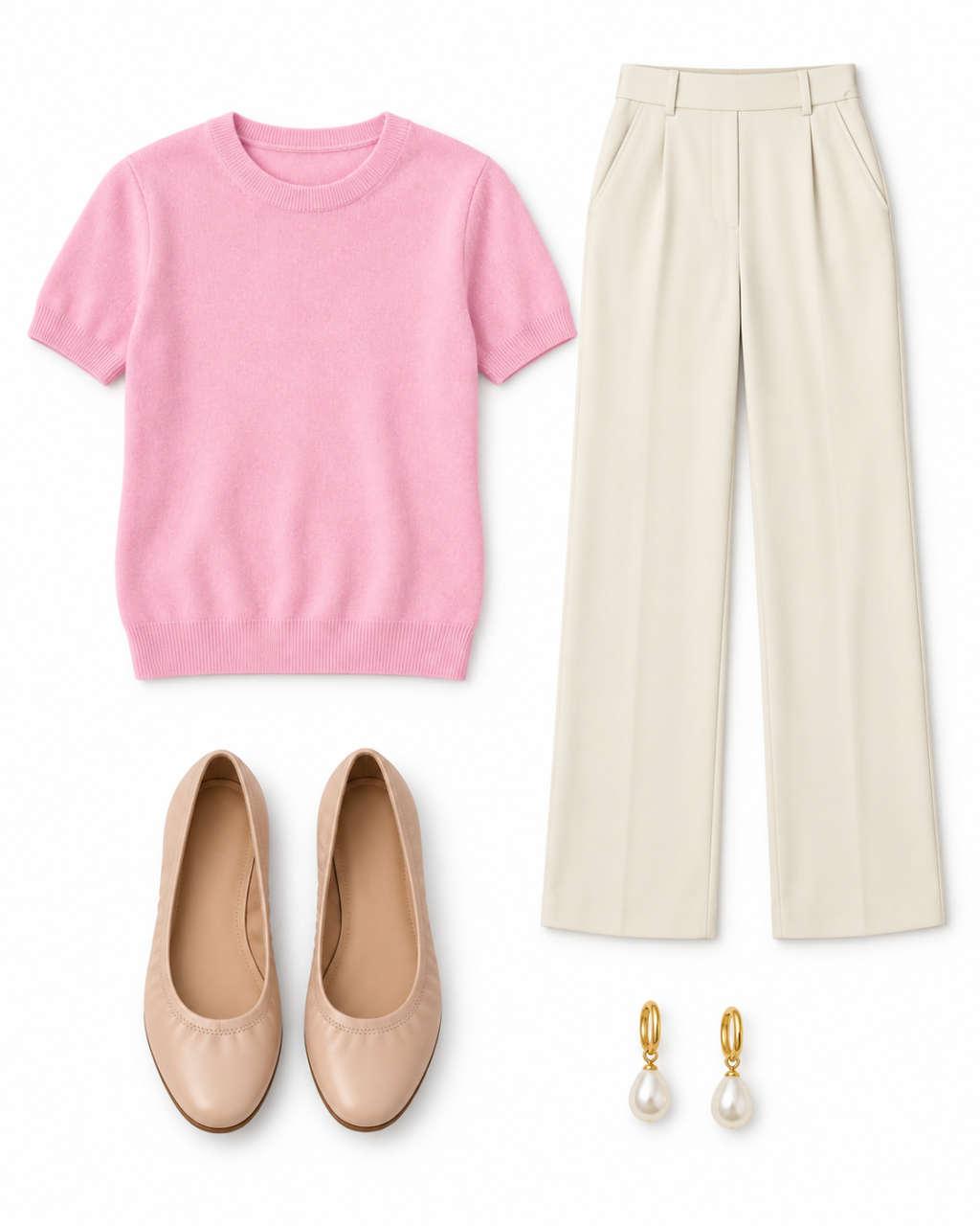 Pink knit top, ivory tailored trousers, blush ballet flats and pearl earrings laid flat