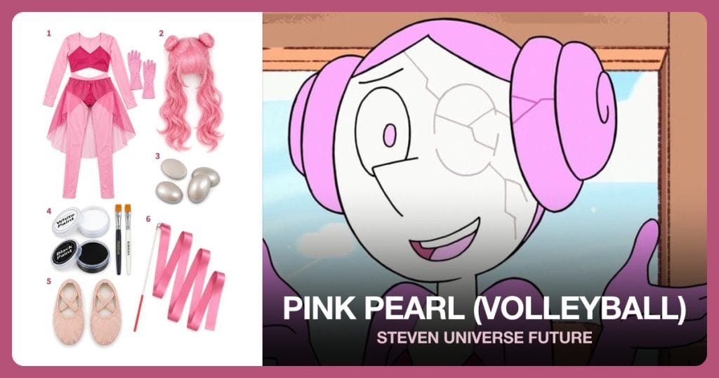 Pink Pearl Costume Set, Pink Double-Bun Wig, Oval Pearl Cabochons and White And Black Face Paint beside Pink Pearl (Volleyball)