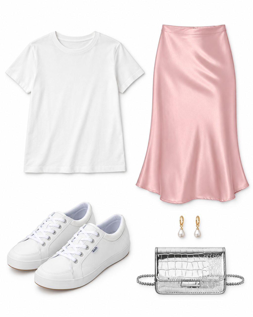 White tee, pink satin midi skirt, white sneakers, pearl earrings and silver mini bag laid flat
