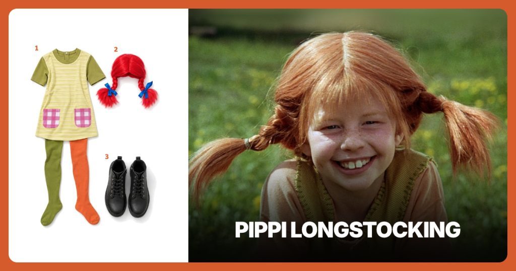 Pippi Costume Set, Red Braided Wig and Black Lace-Up Boots beside Pippi Longstocking