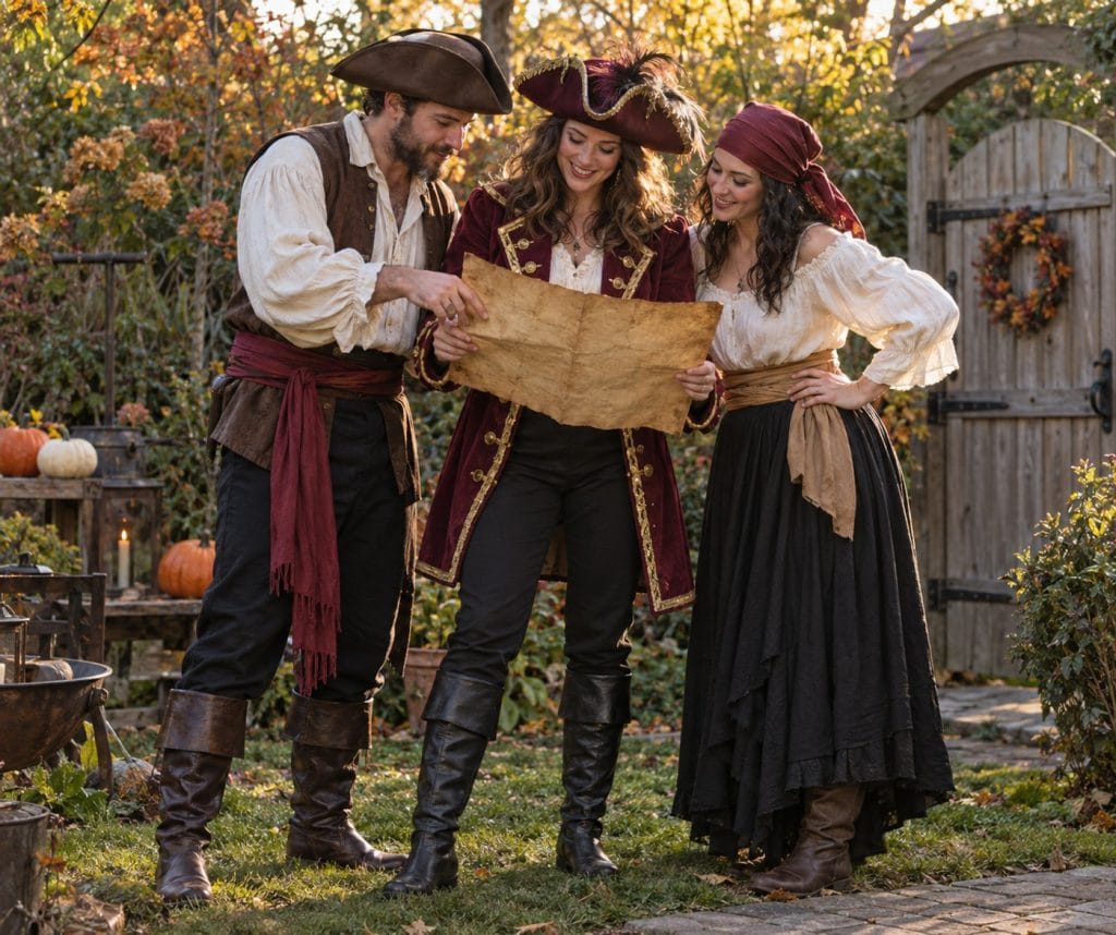Three pirates studying a treasure map