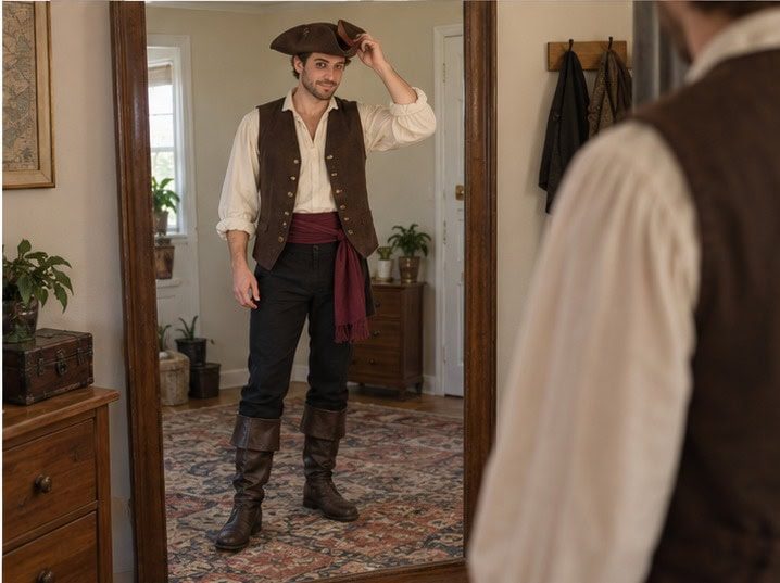 Checking the finished pirate outfit in a mirror