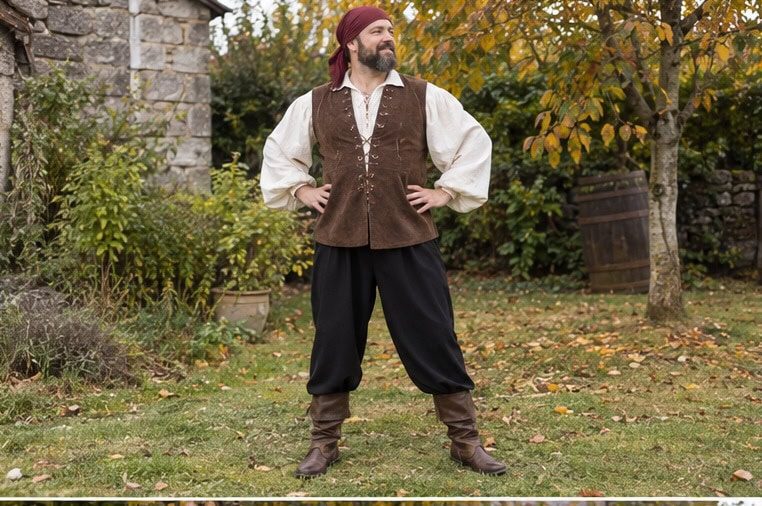 Pirate deckhand in a cream shirt, vest and bandana