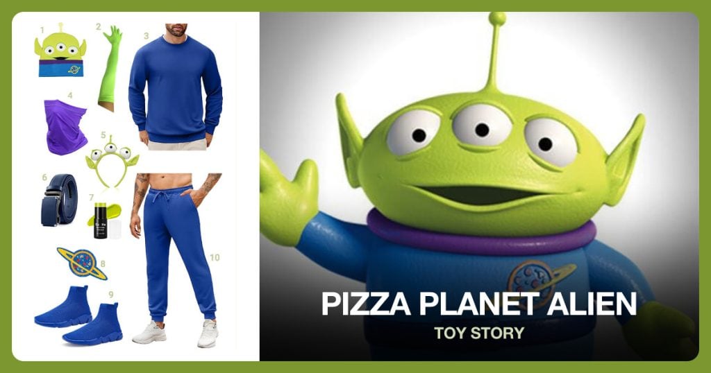 Alien Beanie, Men’s Royal Blue Sweatpants, Men’s Royal Blue Crewneck Sweatshirt and Purple Neck Gaiter beside Pizza Planet Alien