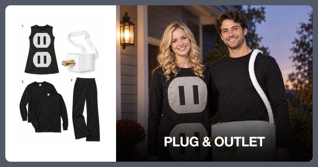 Couples Costume Set, Black Shirt and Black Pants beside Plug & Outlet