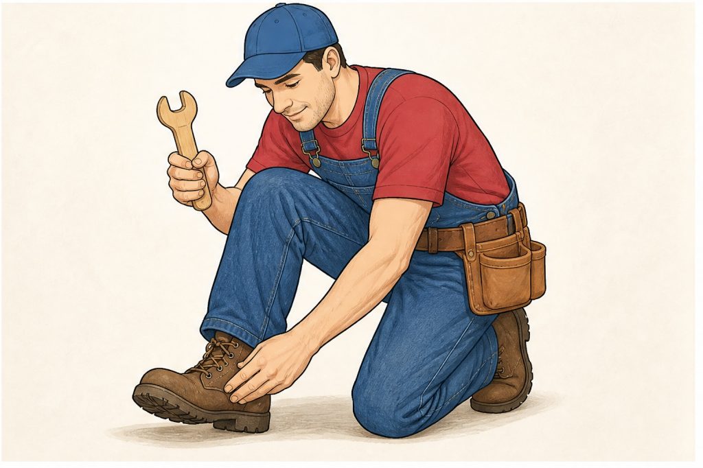 Hold wooden toy wrench and check boots