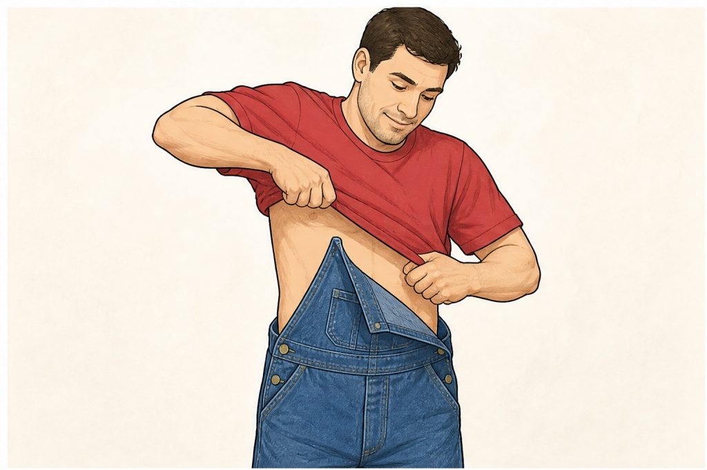 Put on red shirt and denim overalls