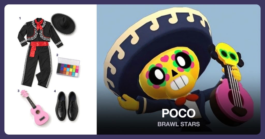 Black Mariachi Suit, Colorful Face Paint, Pink Acoustic Guitar and Black Dress Shoes beside Poco