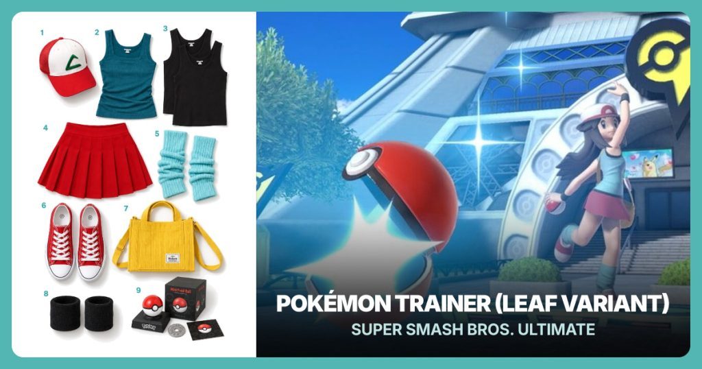 Red and White Trainer Cap, Turquoise Ribbed Tank, Black Sleeveless Tank and Red Pleated Mini Skirt beside Pokémon Trainer (Leaf Variant)
