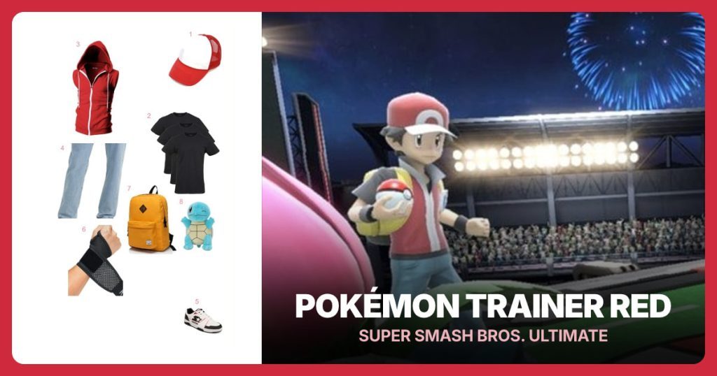 Red and White Trucker Cap, Black Crewneck T-Shirt, Red Sleeveless Hoodie Vest and Light Stonewash Jeans beside Pokémon Trainer Red from Super Smash Bros. Ultimate