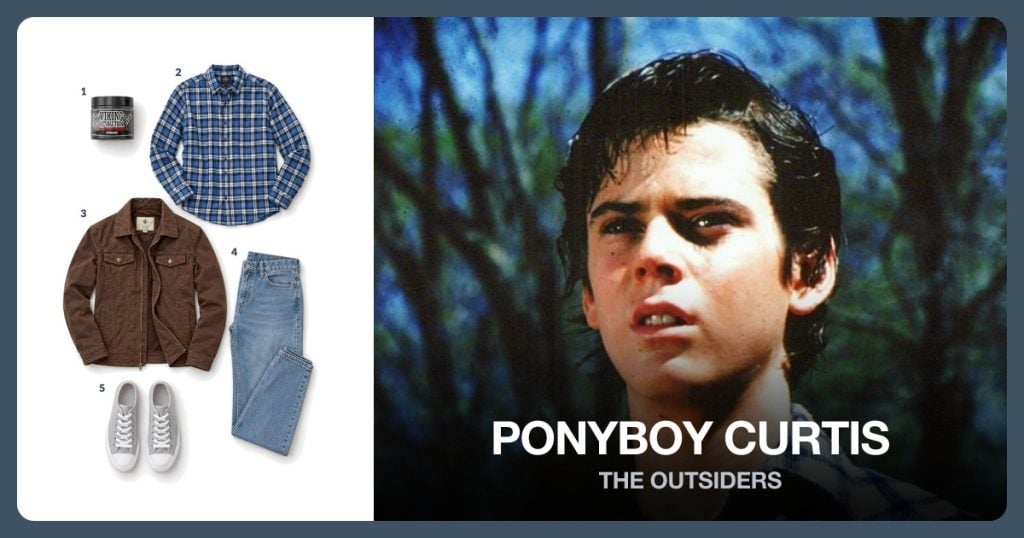 Strong Hold Hair Pomade, Blue Plaid Flannel Shirt, Brown Military Jacket and Light Wash Relaxed Jeans beside Ponyboy Curtis