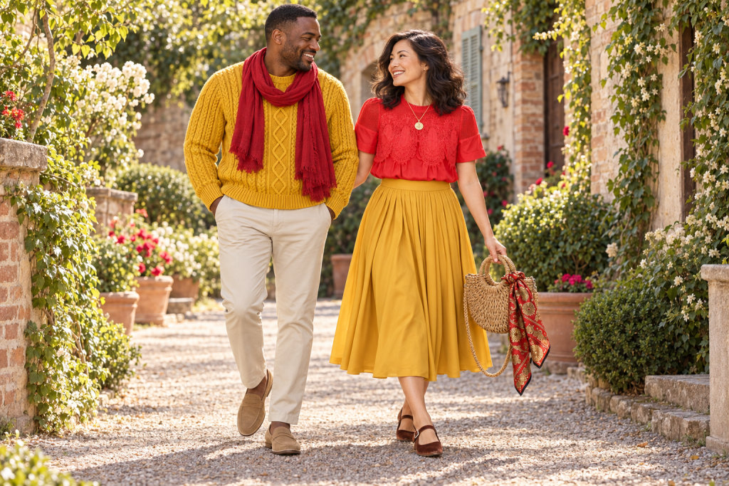 An adult man in a mustard cable-knit sweater and red scarf walks beside an adult woman in a red lace blouse, mustard midi skirt and woven bag with a patterned scarf.