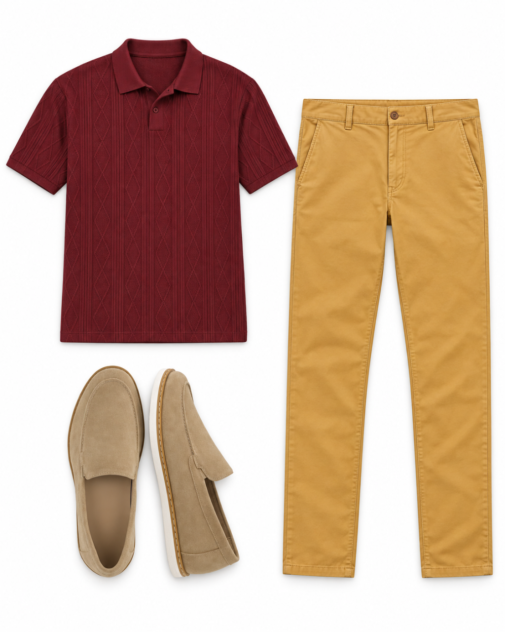 Deep red textured knit polo, khaki-yellow straight chinos and tan suede penny loafers on white.