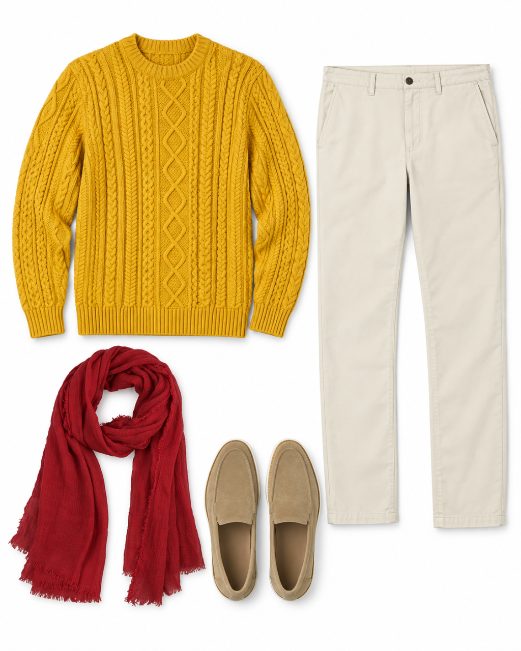 Mustard cable-knit sweater, stone chinos, red fringed scarf and tan suede loafers arranged on white.