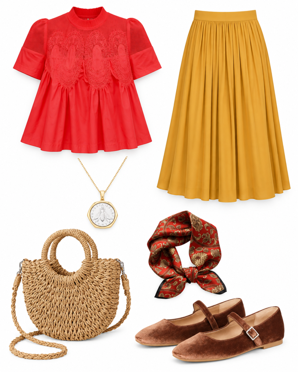 Red lace-detail blouse, mustard pleated midi skirt, bee coin necklace, paisley silk scarf, woven straw bag and brown velvet Mary Janes on white.