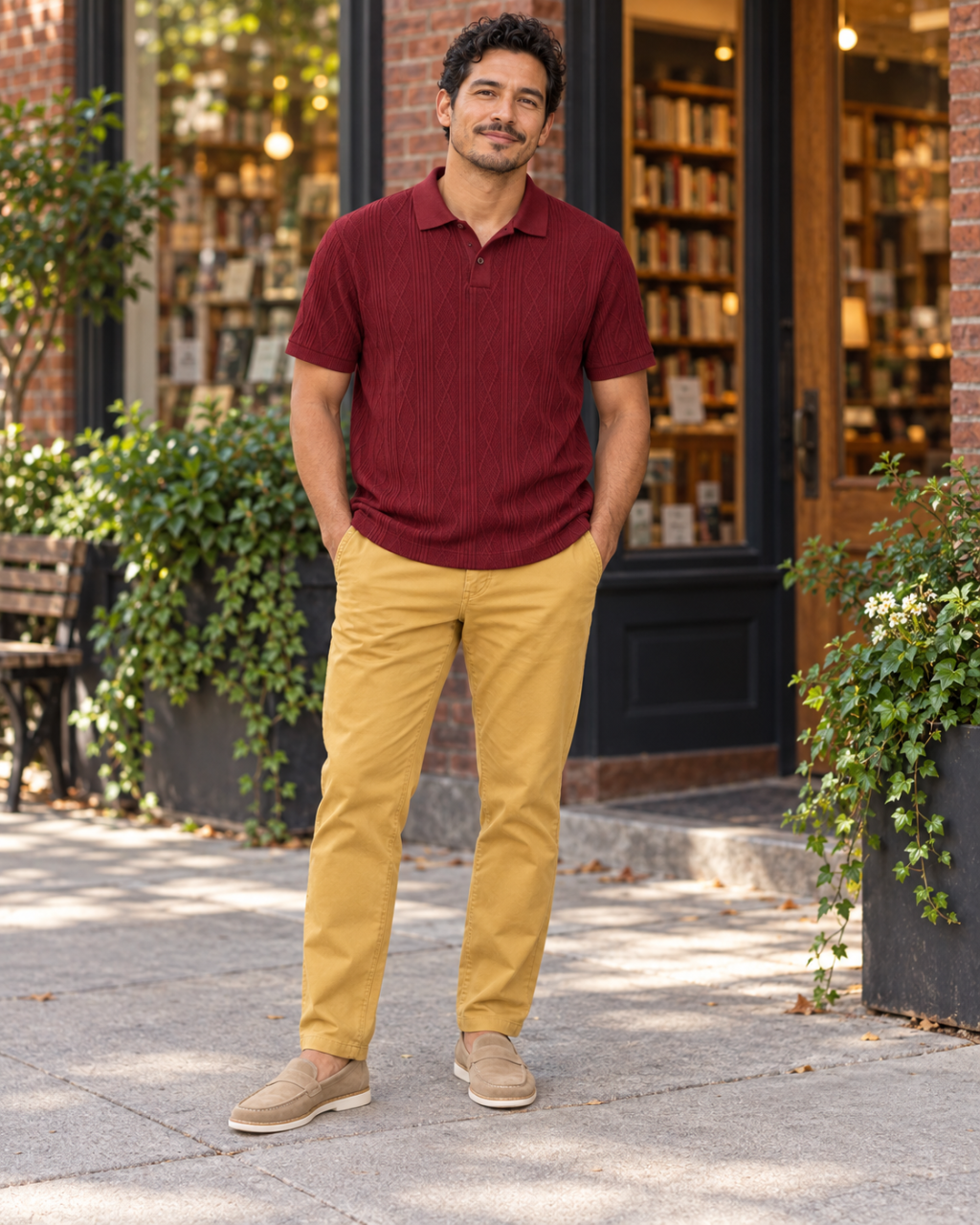 An adult man wears the deep red textured polo, khaki-yellow chinos and tan suede loafers outside a bookstore.