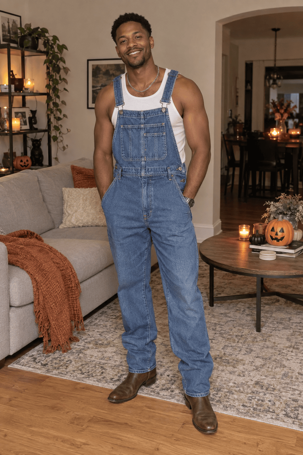 Partygoer wearing denim overalls, a white tank and brown boots