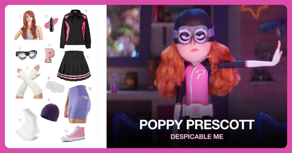 Poppy Prescott costume from Despicable Me: Copper Long Curly Wig, Pink Lipstick, Full Zip Athletic Jacket, Steampunk Metal Goggles