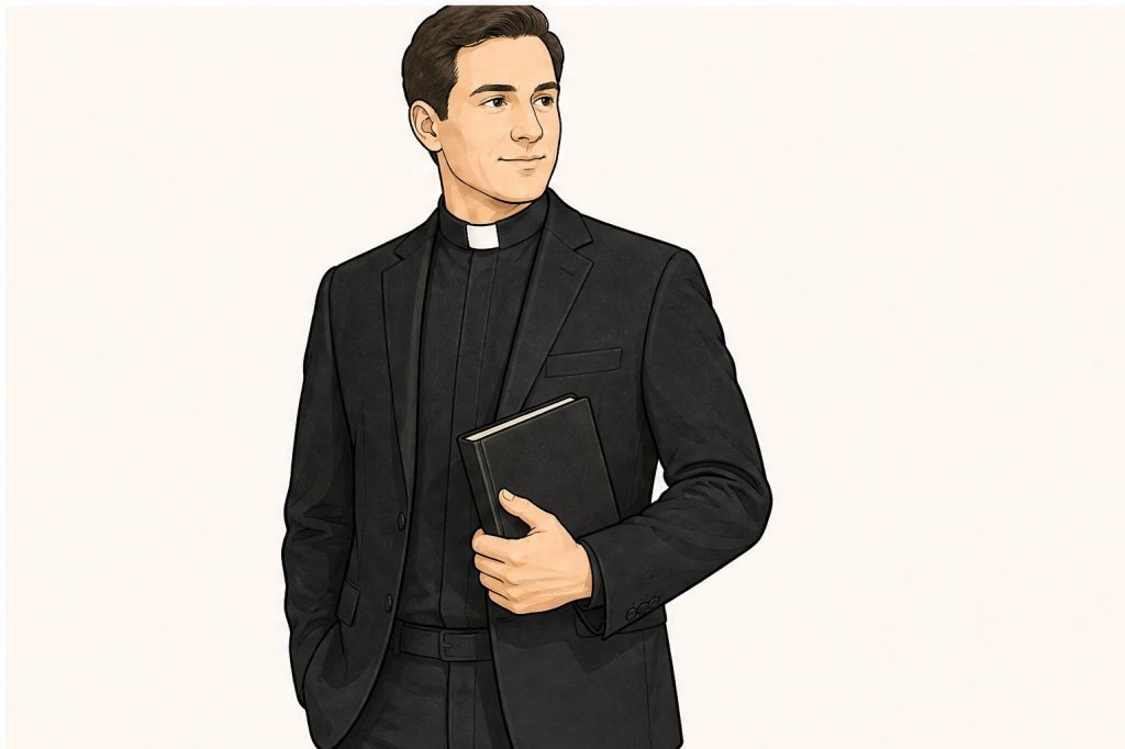 Add black blazer and carry plain prop book