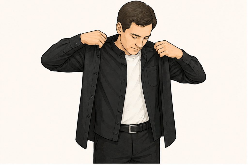 Put on black clerical shirt and trousers
