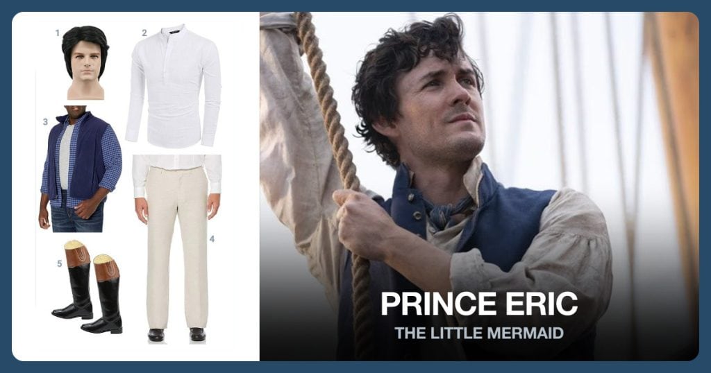 Adult Short Black Wig, Men’s Cotton Linen Long Sleeve, Full-Zip Polar Fleece Vest and Men’s Linen Pant beside Prince Eric