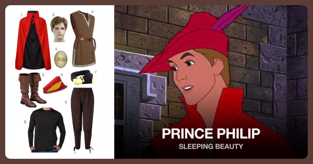 Red Cape, Men’s Short Light Brown Wig, Men’s Medieval Sleeveless Tunic and Men’s Short Light Brown Wig beside Prince Philip