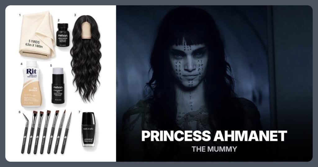 Unbleached Cotton Muslin Fabric, Black Face and Body Paint, Long Black Wavy Wig and Tan Fabric Dye beside Princess Ahmanet