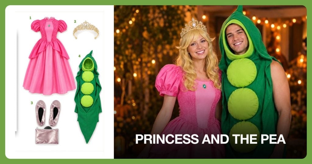 Pink Princess Dress, Princess Crown, Pink Ballet Flats and Green Peas Costume beside Princess and the Pea