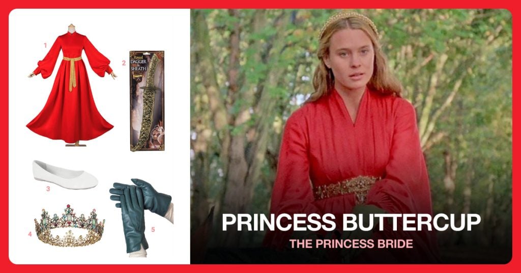 Red Peasant Dress, Toy Dagger, White Slippers and Gold Crown beside Princess Buttercup