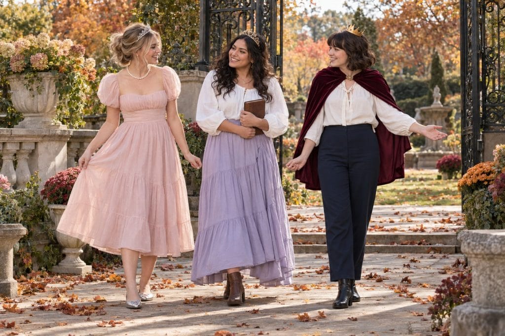 Three friends in different princess outfits