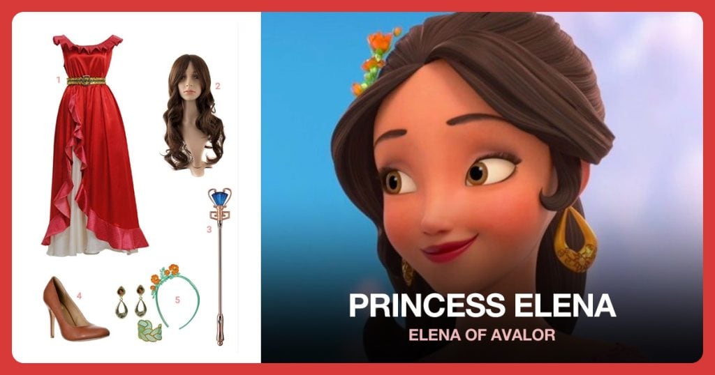 Red Princess Dress, Long Brown Hair Wig, Elena’s Wand and Brown Heels beside Princess Elena