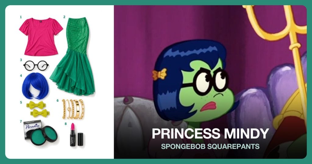 Pink Square-Neck Puff-Sleeve Top, Green Mermaid Skirt, Round Clear Lens Glasses and Blue Bob Wig beside Princess Mindy