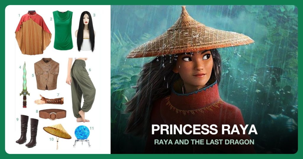 Princess Raya costume guide with numbered clothing and accessories