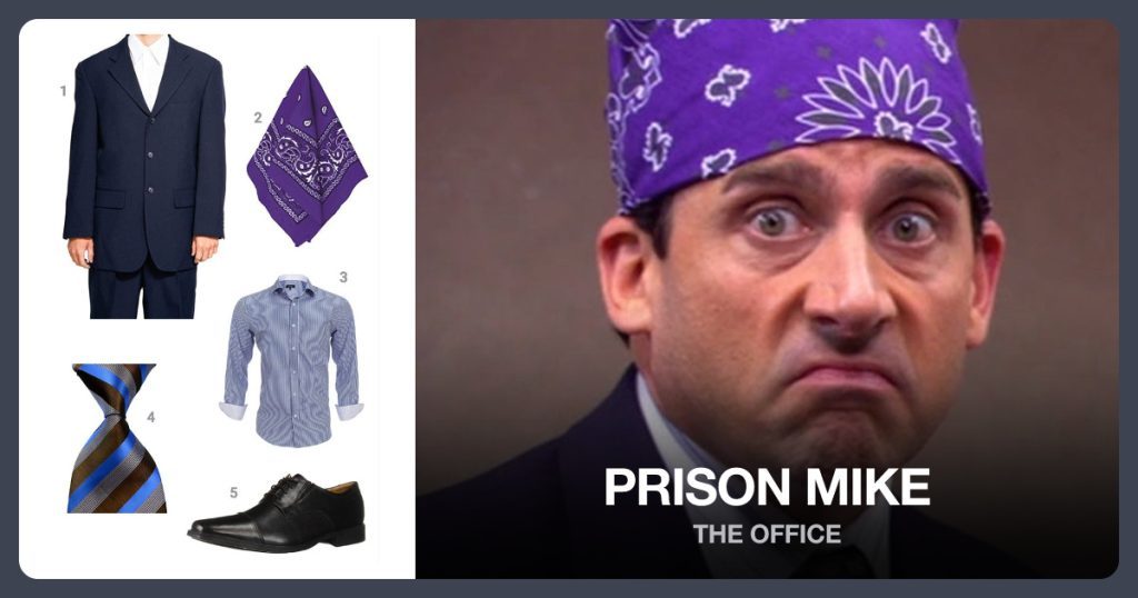 Blue Suit, Purple Bandana, Striped Dress Shirt and Classic Tie beside Prison Mike