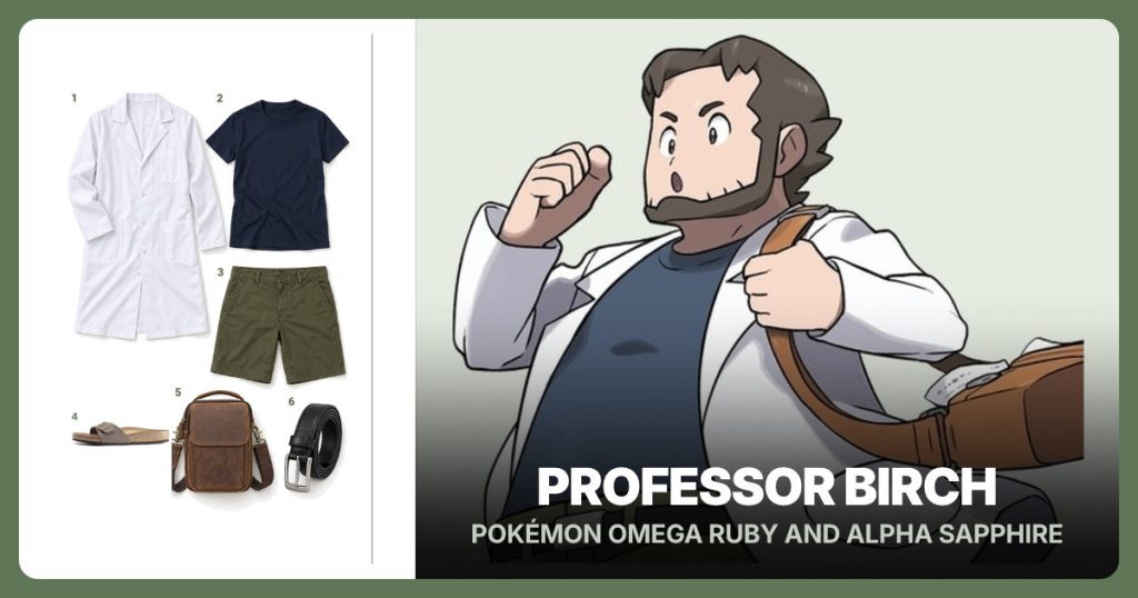 White knee-length lab coat, Navy crew-neck T-shirt, Olive chino shorts and Brown single-strap sandals beside Professor Birch