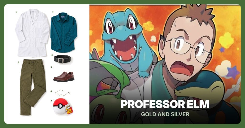 White Lab Coat, Teal Button-Down Shirt, Olive Chino Pants and Black Leather Belt beside Professor Elm
