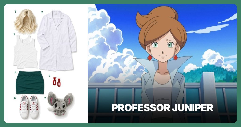 Short wavy light blonde wig, Long white lab coat, White scoop neck tank top and Deep green mini pencil skirt beside Professor Juniper