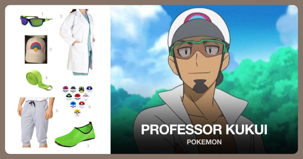 Golf Sunglasses, Lab Coat, Pokemon Hat and Fitness Exercise Yoga Strap beside Professor Kukui